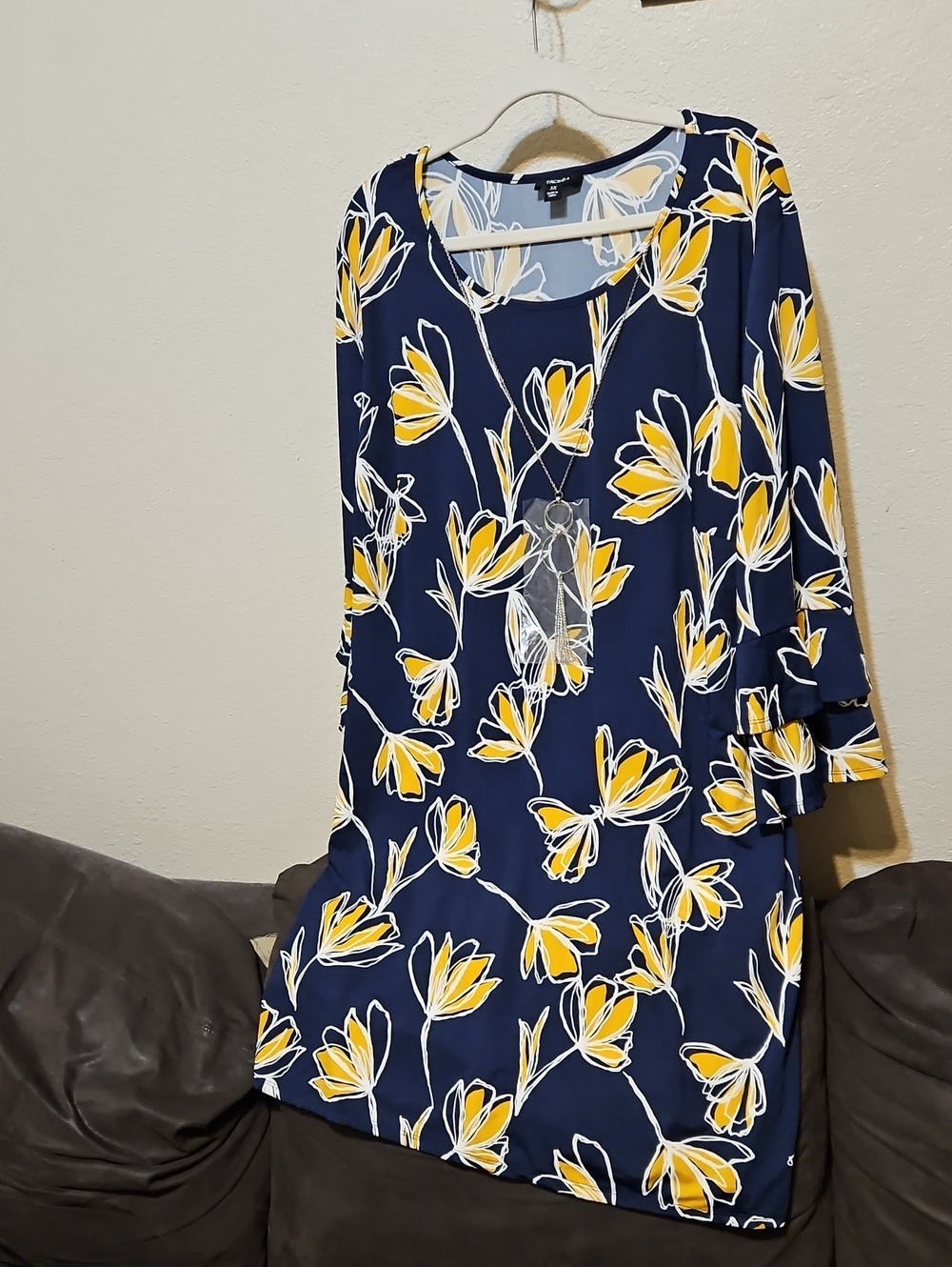 Tacera Navy Midi Dress with Yellow Raised Floral Motif